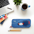 Haumei Canvas Pencil Case Large Capacity, Big Denim Pen Pouch with Zipper, Cute Durable Portable Stationary Storage Bag Organizer for Adults Women, Light Blue, Button