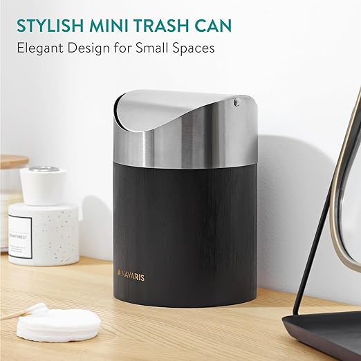 Navaris Black Mini Trash Can - Small Bin with Stainless Steel Swing Lid for Easy Access - Desktop Bin Ideal for Office, Bathroom and Kitchen Counter - Compact and Easy to Clean