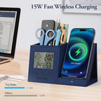 TopMade Wireless Charger with Pen Holder, PU Leather Desk Nightstand Organizer Fast Charging Station, Home Office Supplies Pencil Holder, Digital Thermometer and Humidity Gauge, Gifts for Men(Blue)