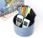 Hennaja Round Leather Art Supply Organizer,Remote Control Holder,360 Degree Spinning,Multi-Functional Pencil Holder,4 Compartments Desktop Stationary Organizer(1-Oil Blue)