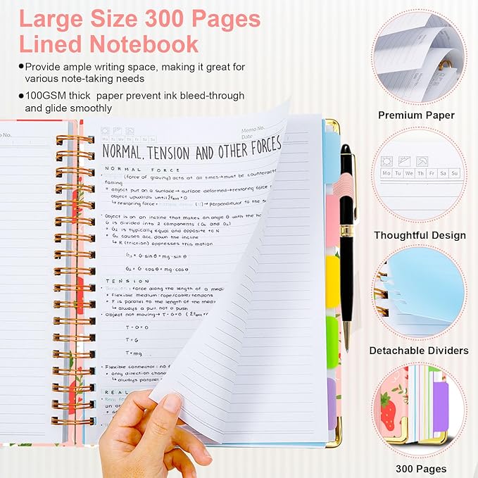 Spiral Journal Notebooks for Work, 300 Pages 5 Subject Notebook College Ruled with Dividers & Tabs, 8''x 10'' Large Notebook Journal for Women Students Note-Taking and Organizer (Pink Strawberry)