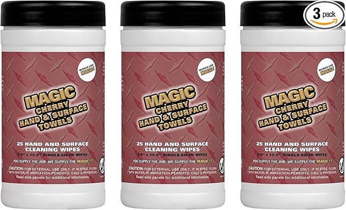Magic Cherry Scented Heavy Duty Cleaning Wipes - Single Sided Hand & Surface Shop Towels | Professional-grade Cleaning | Waterless | Cleans Grease, Oil, Dirt, & more (3 Pack | 75 Sheets Total)