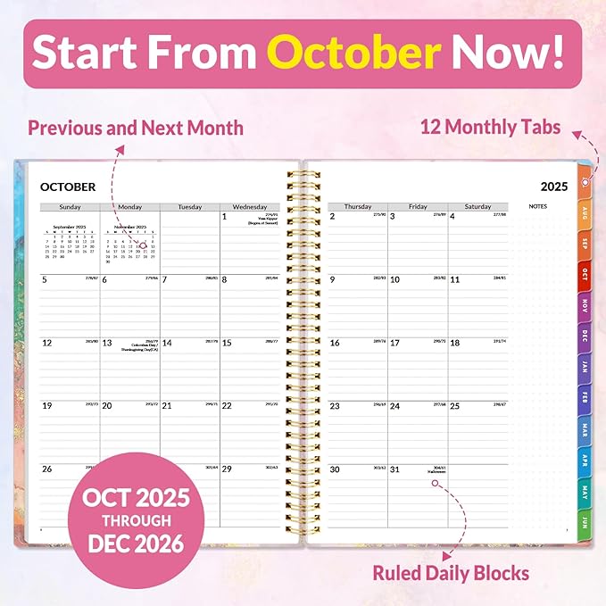 SUNEE 2026 Weekly and Monthly Planner - from January 2026 - December 2026, Daily Agenda Planner with Monthly Tab, Flexible Cover, Note Pages, Pockets, Bookmark, Spiral Binding, Pink Marble, 8.5"x11"