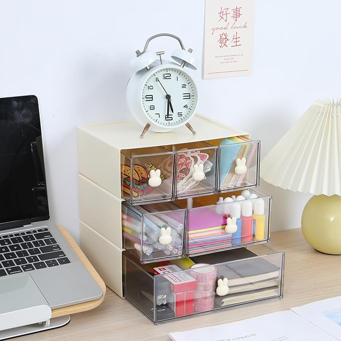OSteed Desktop Drawers, Desk Organizer with 6 Drawers & Bunny Handles, Stackable Craft Storage Box for Home Collection, Cosmetics, Office Supplies (3 Tiers, Cream & Clear)
