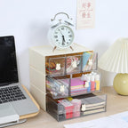 OSteed Desktop Drawers, Desk Organizer with 2 Drawers & Bunny Handles, Stackable Plastic Storage Box for Home Collection, Cosmetics, Office Supplies (1 Tall Layer, Cream & Clear)