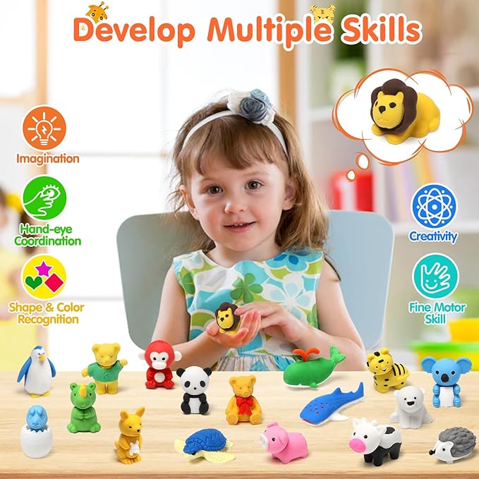 Moosia 34 Pack Animal Pencil Erasers for Kids, 3D Mini Puzzle Take Apart Erasers, Desk Pets & Treasure Box Toys, Bulk Party Favors, Classroom Prizes, School Supplies, Gift for Boys & Girls