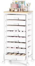 SYKIARIOL Rolling Cart with Drawers,8 Drawer Rolling Cart,Rolling Drawer Cart,Rolling Storage Drawer Cart,White Rolling Cart,Utility Cart with Drawers and Wooden Tabletop