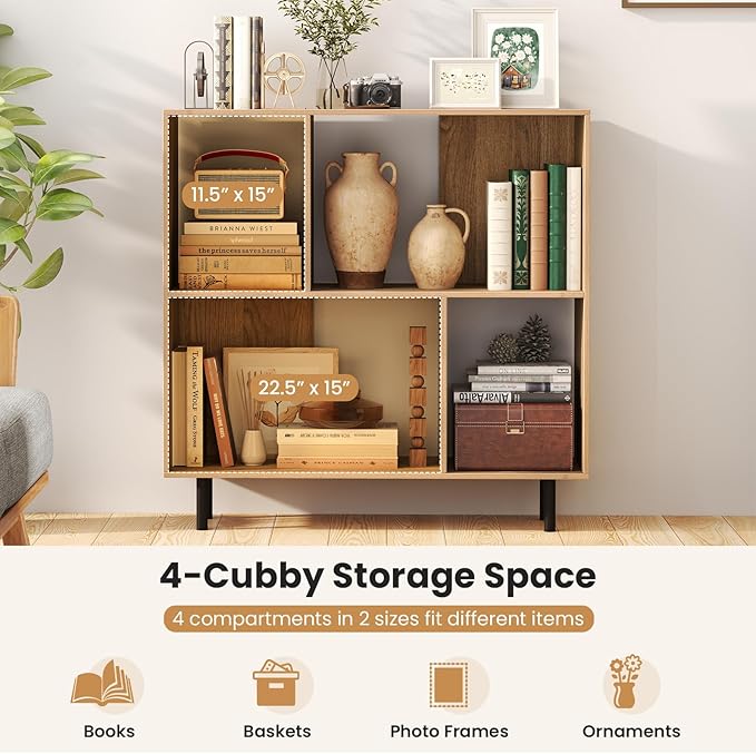 Tangkula 4 Cubby Open Bookcase, 3-Tier Freestanding Bookshelf with Detachable Metal Legs, Anti-toppling Device, Anti-Falling Baffles, Modern Cubicle Display Shelf (2,Natural)