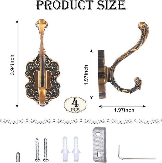 4 Pcs Vintage Coat Hooks Wall Mount, Matte Metal Hat Hooks for Entryway, Cubicle, Mudroom, Bathroom, Heavy Duty Copper Color Decorative Wall Hooks for Towel, Key, Robe, Backpack, Purse, Bag, Clothes
