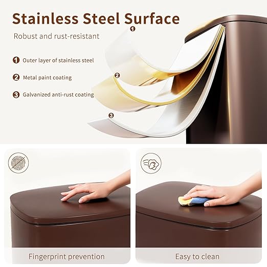 PayLessHere Stainless Steel Trash Can with Lid - Removable Inner Bucket, Foot Pedal Soft Close for Office, Home, Kitchen Garbage Bin (Brown, 13 G)