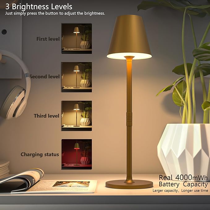 Timjorman 4-Pack Cordless Table Lamps - 5000mAh Rechargeable Battery Operated Desk Lamp, 3-Level Dimmable LED Night Light for Bedroom, Dining, Restaurant - Metal Design (Bronze 4PACK)