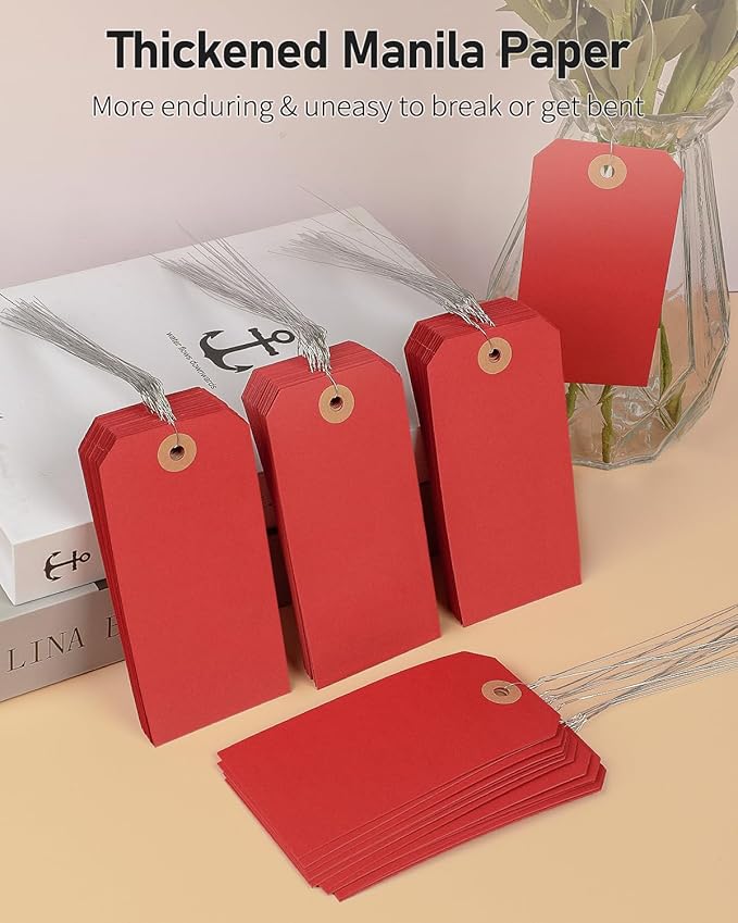 Uniclife 100 Pcs Red Blank Shipping Tags with Wire Attached 4.7 Inch Paper Tags Hang Tag with Reinforced Eyelet Large Marking Label Writable Price Inventory Label Tag, 4.7" x 2 3/8"
