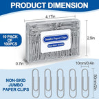 Jumbo Paper Clips Non-Skid, 1000 Large Paper Clips 10 Boxes of 100 Each, Jumbo Size for Home, Office, School Supplies, 2 Inch Silver Heavy Duty Nonskid Paperclips