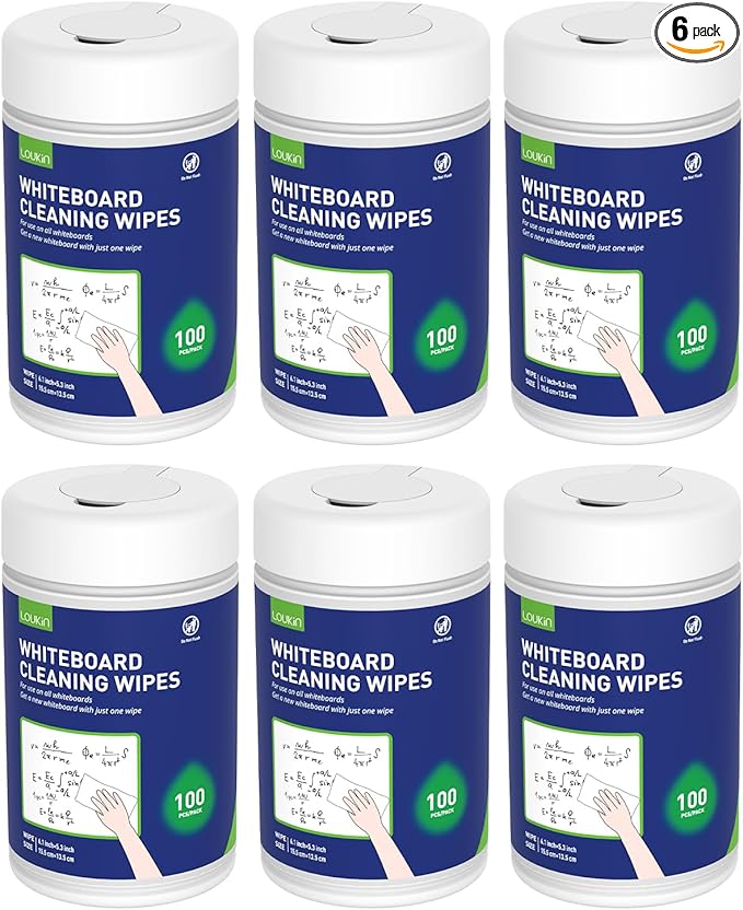 Loukin Whiteboard Cleaning Wipes, Dry Erase Board Cleaning Wipes, Non-toxic White board Wipes, 100 Wipes per Canister, 6 Pack