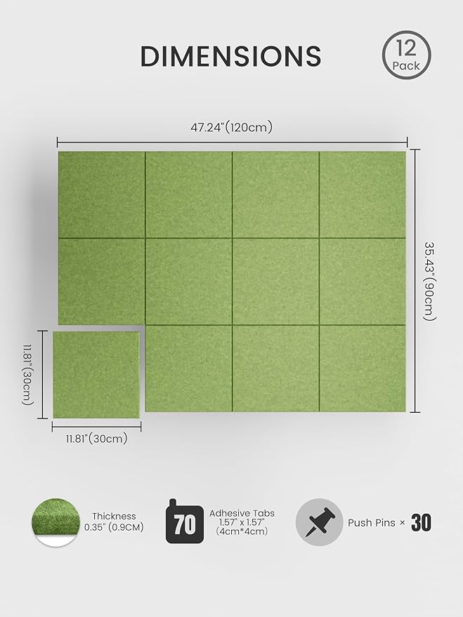 Bumusty Large Cork Board 47"x35" Alternative - 12 Pack Felt Wall Tiles with 70 Safe Removable Adhesive Tabs, 30 Pushpins, Cork Boards for Walls Pin Board Bulletin Board Office Decor (Kelly Green)