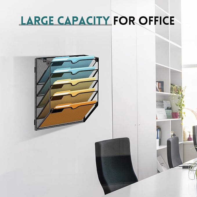SUPEASY Wall File Organizer Mesh Office Mail Holder, Hanging Wall Organizer Magazine Rack for Office Black, 5 Tier