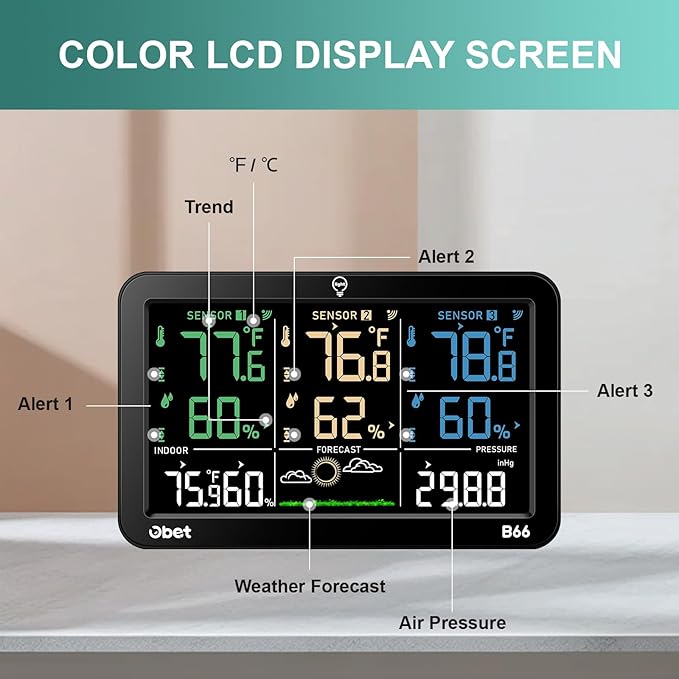 OBET Weather Station Wireless Indoor Outdoor Thermometer Wireless, Color Display Digital Temperature and Humidity Monitor with 3 Sensors, Alerts, Adjustable Backlight, USB Port (500 Feet)