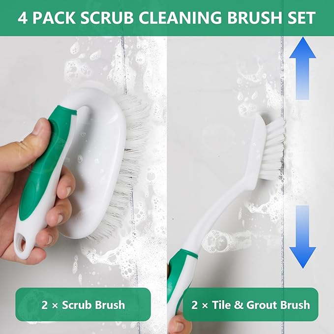 HileSwan Scrub Brush Set, 4 Pack Deep Cleaning Brush Kit - 2 Scrub Brush, 2 Tile & Grout Brush with Built-in Scraper, Household Commercial Scrubber for Floor, Shower, Pool Wall, Tub (Green)