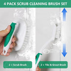 HileSwan Scrub Brush Set, 4 Pack Deep Cleaning Brush Kit - 2 Scrub Brush, 2 Tile & Grout Brush with Built-in Scraper, Household Commercial Scrubber for Floor, Shower, Pool Wall, Tub (Green)