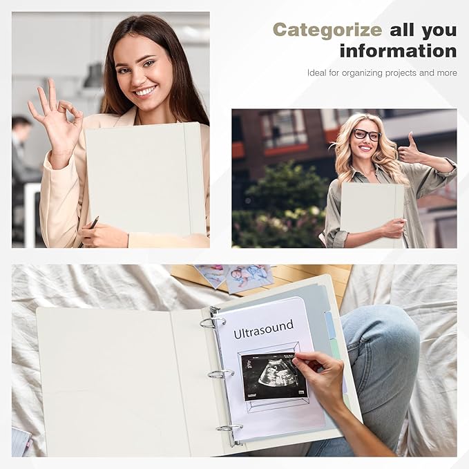 Ospelelf Vintage Hardcover 3 Ring 2 inch Leather Binder, Professional Binders Organizer Suitable for Letter Size Documents, Binder Dividers with Tabs, Beige