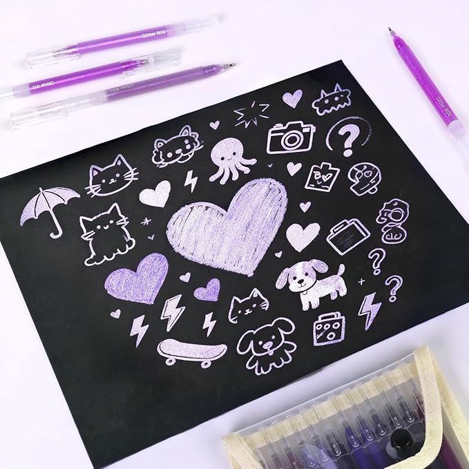 CAISEXILE 12 Purple Glitter Gel Pens Set, 1.0 mm Fine Point for Black Paper & White Paper, Large Capacity Pens for Journaling, Adult Coloring Books, Drawing, Note Taking, Highlighting