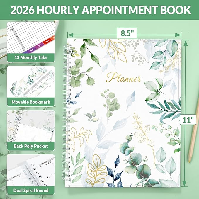 SUNEE 2026 Appointment Book, 2026 Hourly Planner 8.5" x 11", Hourly, Weekly & Monthly Planner - from January 2026 - December 2026, Flexible Cover, Note Page, Pocket, Bookmark, Leaves