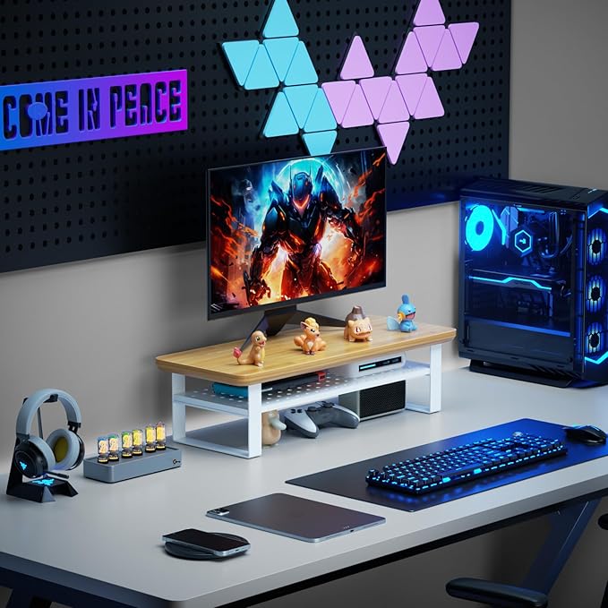 NestNeat Monitor Stand Riser, 24 Inch Computer Monitor Stand for Desk, 2-Tier Wood Desk Shelf Organizer with Storage, Desktop Stand for Laptop/Screen/PC/Printer, Ergonomic Home Office Monitor Stand