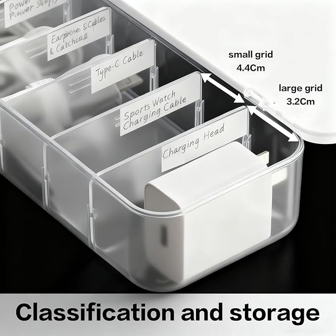 mioluo Cord Organizer Box with Lid, 7 Compartment Cable Management with 7 Wire Ties, Dustproof Cable Storage Box for Office & Home, Wire Hider for Computer Desk, Charger Cables, Power Cords (1pack)