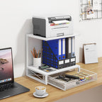 ELITEROO Printer Stand for Desk with Storage Drawer, 2 Tier Desktop or Under Desk Shelf, Wood Desktop Organizer for Home Office, Fits 3D Printer, Scanner, Fax Machine, Cricut, White