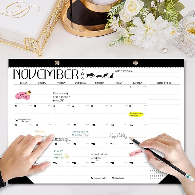 Desk Calendar 2026 - With 2 sticker, 17-Month (Aug 2025 - Dec 2026) Large 17x12 Inches, Desktop/Wall Monthly Calendar for Home, School & Office (Cat)