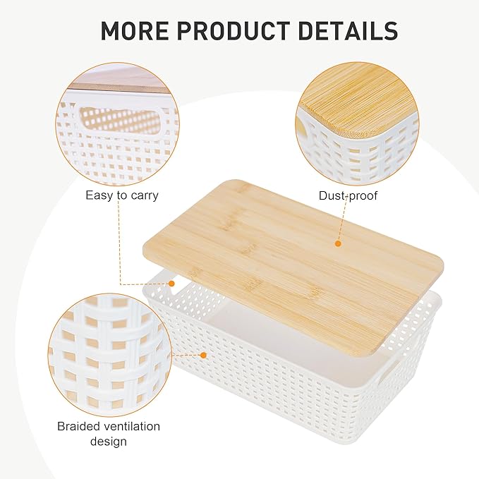 Anywish Storage Bins with Lids 10 Packs, Plastic Storage Bins with Bamboo Lids for Pantry Organization and Storage Containers for Shelves Drawers Desktop Closet Playroom Classroom Office Home, White