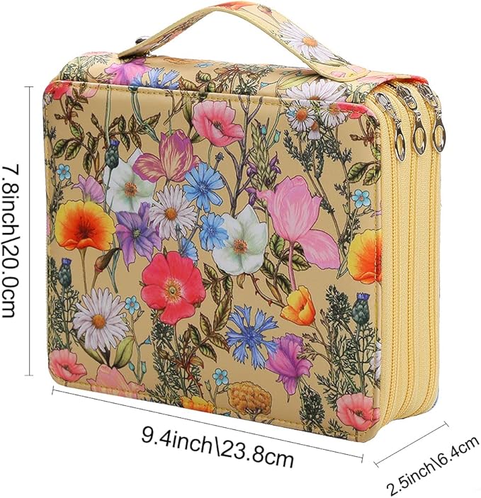 Vomgomfom Colored Pencil Case - 124 Slots Pencil Holder with Zipper Closure Twill Fabric Large Capacity Pencil Case for Watercolor Pens or Markers, Pencil Case Organizer for Artist (Yellow Flower)