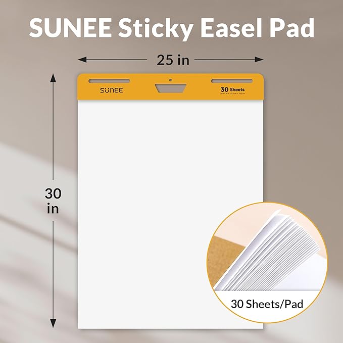 SUNEE Sticky Easel Pads, 25x30 Inches, 30 Sheets/Pad, 4 Pack – Self Stick Flip Chart Paper for Whiteboards, Premium Large White Chart Paper