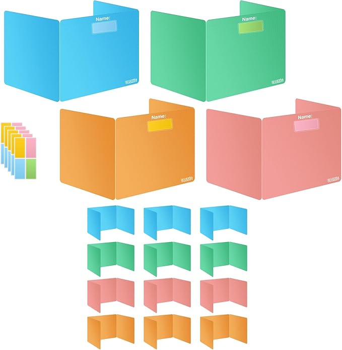 Colorful 12-Pack Desk Dividers for Students, Durable Plastic Study Carrel Divider, Easy to Clean Privacy Classroom Shield Folder Boards for Student Desk Pink Orange Blue Green