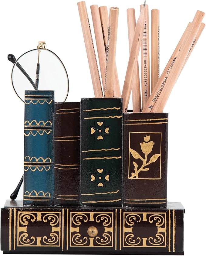 VERGOODR Decorative Pencil and Pen Holder with Storage Drawer, Wooden Desk Organizer Caddy, Antique Library Books Design Pen Cup for Office Supplies, Countertop, Desk,Table (Red)