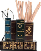 VERGOODR Decorative Pencil and Pen Holder with Storage Drawer, Wooden Desk Organizer Caddy, Antique Library Books Design Pen Cup for Office Supplies, Countertop, Desk,Table (Red)