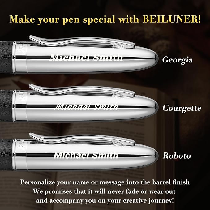 BEILUNER 318 Luxury Personalized Leather Pen, Hand-Stitched Premium Black Leather, Chrome-Plated Finish, Schmidt Refill, Fancy Rollerball Pen Gift Set for Men & Women, Executive, Nice Designer pen
