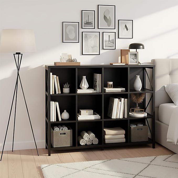 VAKATRELL 12 Cube Storage Organizer Bookshelf, Industrial Horizontal Bookcase, Accent Cubby Shelf, Corner Bookcase for Living Room, Home Office, 11.8" D x 47.6" W x 38.2" H, Black