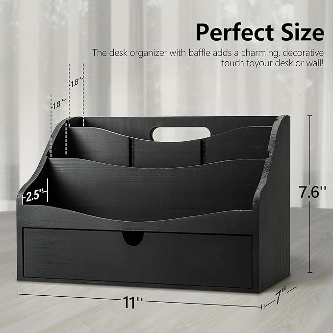 Rebee Vision Pine Wooden Mail Organizer for Desk - Farmhouse Mail Sorter Countertop Organizer for Office Desk & Home Decor - Letter Holder with Drawer for Store Jewelry (Black)