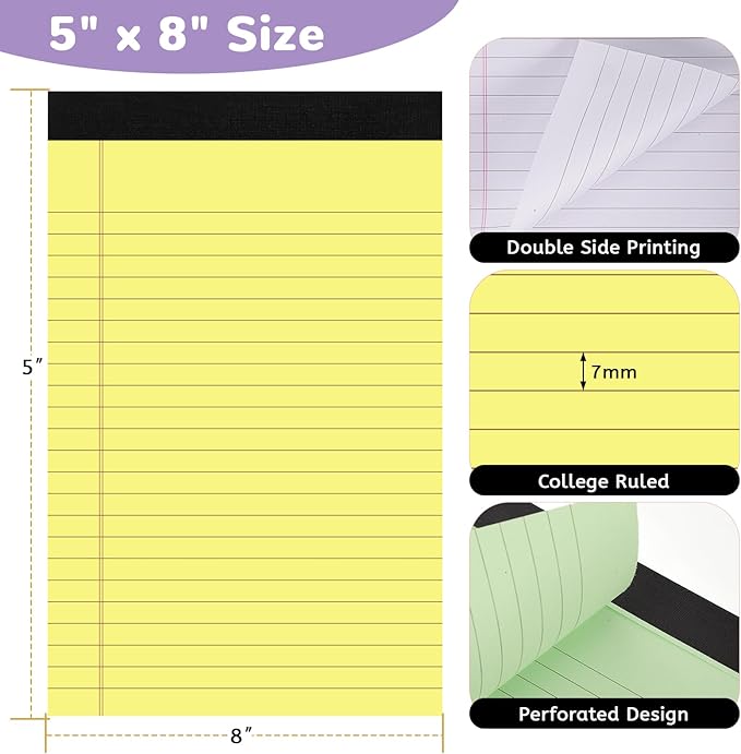Thboxes 6 Packs Legal Pads 5x8, Totally 180 Sheets Colored Legal Pads 5x8 College Ruled Writing Pads Small Note Pads 30 Sheets/Pad Tablets Lined Notepad for School, Office, To-Do Lists