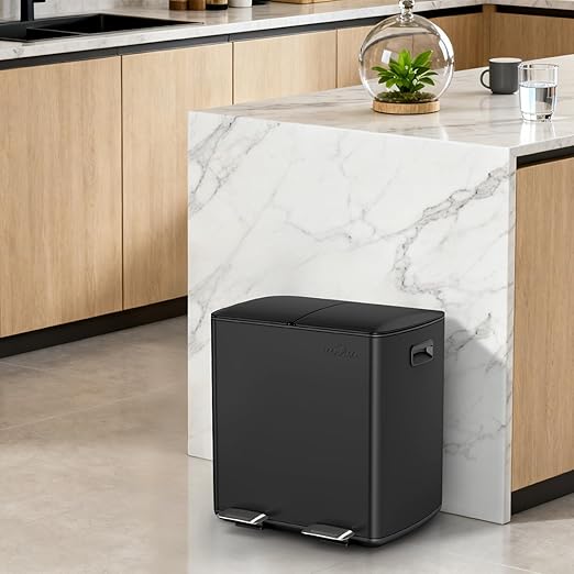 mVm Kitchen Trash Can,2x5.3Gallon(2x20L) Double Trash cans and Recycle Bin Combo with Lid and Anti-Fingerprint,Foot-Pedal,Soft-Close.Stainless Steel Garbage Can for Kitchen,Living Room(Matte Black)