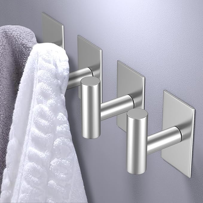 VAEHOLD Wall Towel Hooks, Heavy Duty Sticky Holder Waterproof Towel Hooks for Hanging Coat, Clothes, Closet Hook Wall Mount for Kitchen (Silver, 4 Pack) | Heavy Duty, Sticky Holder, Waterproof, Towel Hooks, for Hanging Coat, Clothes