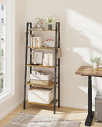 Hzuaneri Ladder Shelf, Bookshelf Bookcase, Freestanding Corner Storage Shelve with 2 Hooks for Home Office, Living Room, Kitchen, Bedroom, Industrial, 11.8" D x 23.6" W x 63" H, Rustic Brown BC19301B