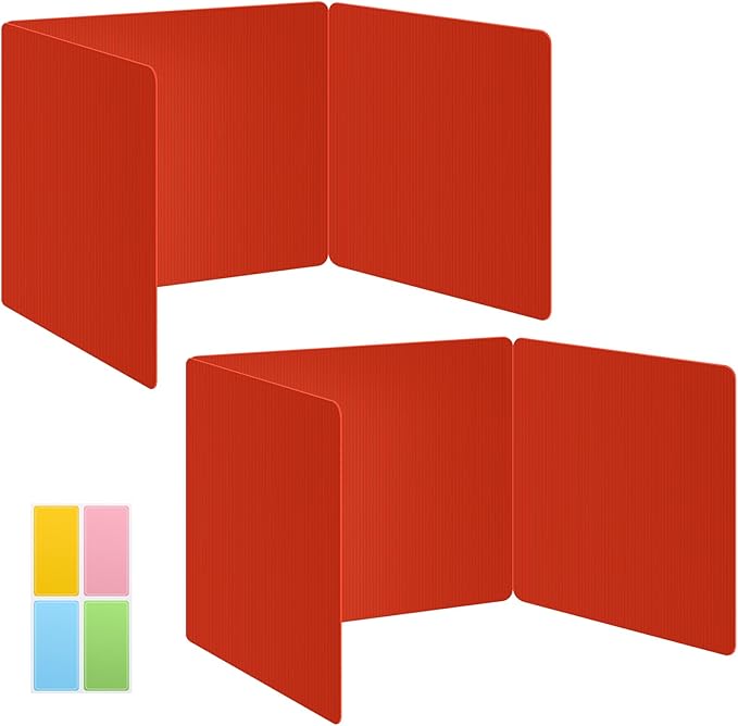 2 Pack Red Desk Dividers for Students, Privacy Shields Folder for Students, Durable & Waterproof Plastic Study Board, Classroom Teacher Supplies Test Divider, Includes Extra Labels