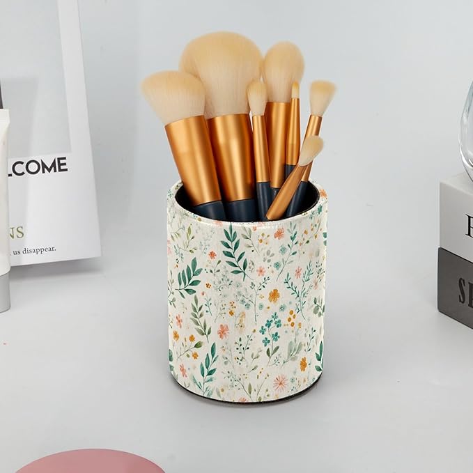 Leather Pen Holder for Desk Floral Leaf Pencil Cup Desktop Organizer Makeup Brush Holders Office Supplies for Home, Kids & School