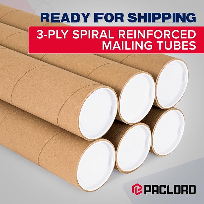 Paclord 4" x 18" Heavy-Duty Reinforced Cardboard Mailing Tube, Pack of 6 Tubes with 12 Caps – Secure USPS Approved – Great for Shipping and Storing of Prints, Artwork, Posters or Documents