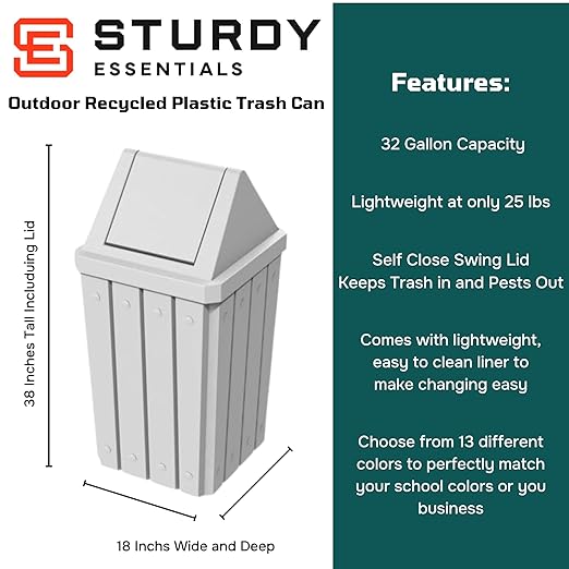 Sturdy Essentials 32 Gallon Square Slatted 100% Recycled Plastic Heavy Duty Outdoor Commercial Trash Can with Swing Top Lid | Great for Schools and Businesses - White