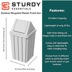 Sturdy Essentials 32 Gallon Square Slatted 100% Recycled Plastic Heavy Duty Outdoor Commercial Trash Can with Swing Top Lid | Great for Schools and Businesses - White