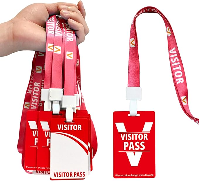 Visitor Badge Lanyards Volunteer Badge Holder with Clips (25 pcs) - Reusable Temporary ID Pass for Office, School, Events PVC Plastic Security Cards for Exhibition Guest by OSTENBIG (Red)