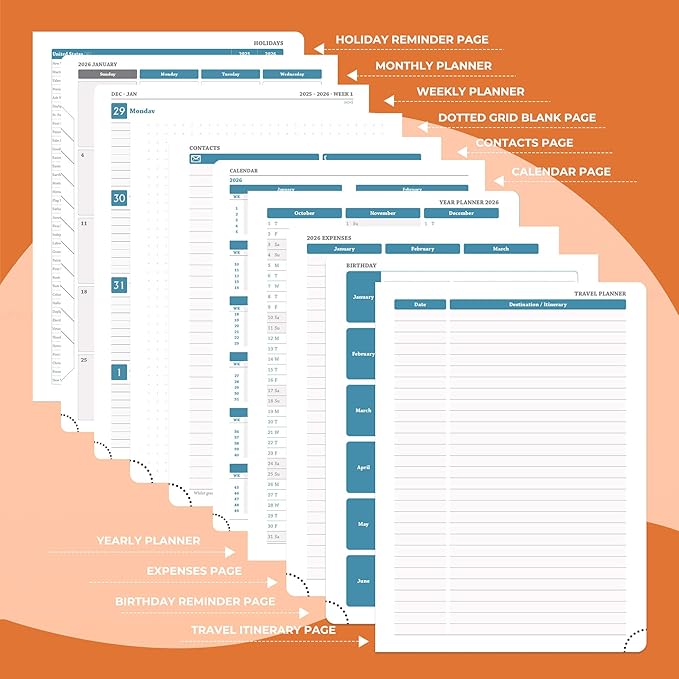 IN-LUXPRO Planner 2026 Daily Weekly and Monthly,11.5"x8.5",12 Months Spiral Bound Calendar Agenda with Self-adhesive Pen Holder,2026 Appointment Book with Vegan Leather Soft Cover,Orange